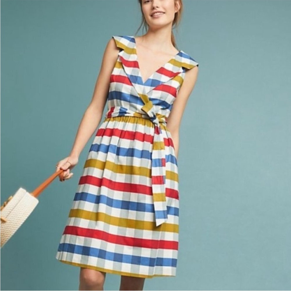 Anthropologie Multicolor Striped Wrap Dress — Blue, Red, Mustard